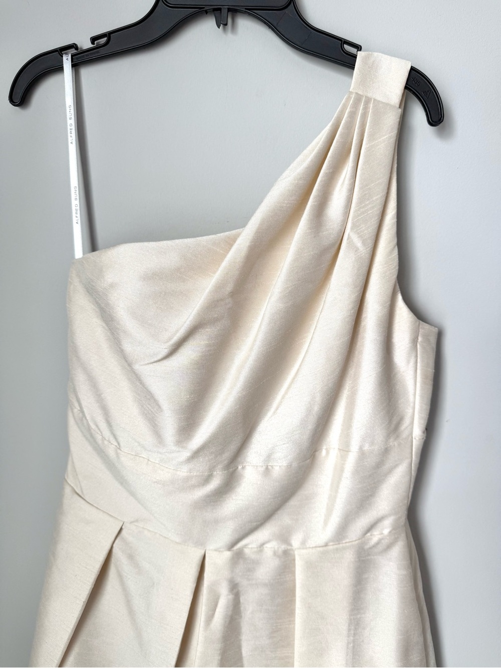 Alfred Sung Faux Raw Silk Elegant One-Shoulder Cream Cocktail Dress - Picture 2 of 5